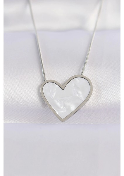 Bfs 316L Çelik Zincir Gümüş Renk Mermer Desenli Kalp Kolye