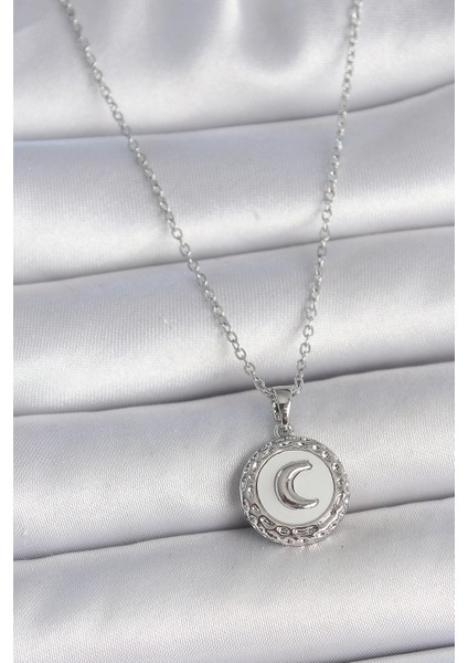 Bfs 316L Çelik Gümüş Renk Zincir Beyaz Mineli Hilal Işlemeli Madalyon Model Kadın Kolye