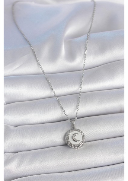 Bfs 316L Çelik Gümüş Renk Zincir Beyaz Mineli Hilal Işlemeli Madalyon Model Kadın Kolye fiyatları