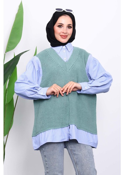 Mint Triko Garnili Gömlek