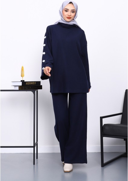 Lacivert Kol Düğme Detaylı Tunik Pantolonlu Takım
