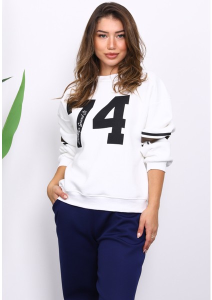 Ekru Ön Ve Kol Baskılı Üç İplik Sweat