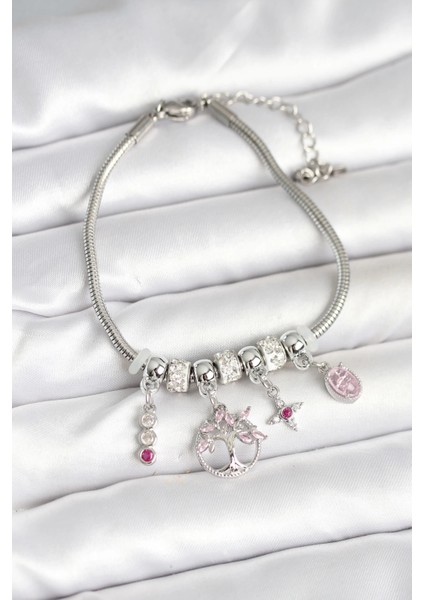 Bfs Pirinç Gümüş Renk Yaşam Ağacı Charmlı Kadın Bileklik