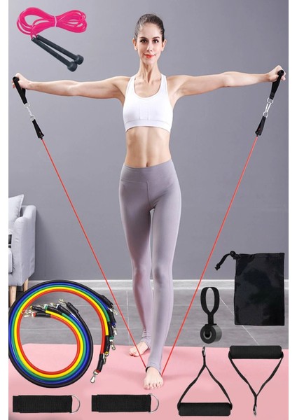 Çantalı 12 Parça Çok Fonksiyonlu Pilates ve Güç Direnç Lastiği, Atlama Ipi Egzersiz Spor Aleti Seti