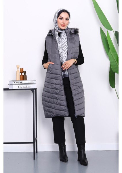 Antrasit Kapüşonlu Uzun Şişme Yelek