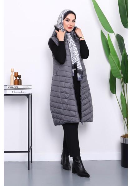 Antrasit Kapüşonlu Uzun Şişme Yelek fiyatları