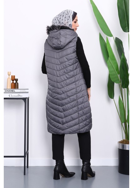 Antrasit Kapüşonlu Uzun Şişme Yelek fırsatları