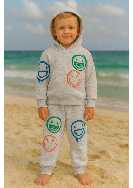 Smiley Renkli Gülenyüz Erkek Çocuk 3 Iplik Şardonlu, Kapşonlu Alt Üst Takım Süper Kalite Kumaş