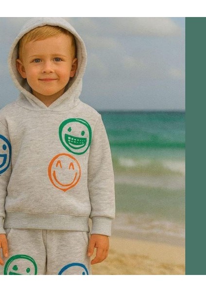 Smiley Renkli Gülenyüz Erkek Çocuk 3 Iplik Şardonlu, Kapşonlu Alt Üst Takım Süper Kalite Kumaş fiyatları