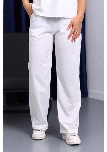 Ekru Bel Lastikli İki İplik Palazzo Eşofman Alt