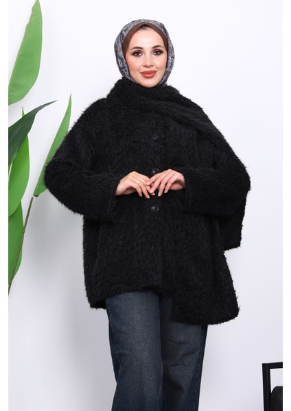 Siyah Atkılı Detaylı Düğmeli Angora Ceket modelleri