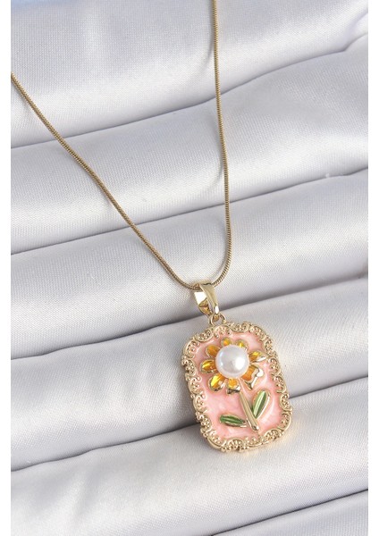 Bfs 316L Çelik Gold Renk Zincir Pembe Mineli Incli Papatya Model Portre Model Kadın Kolye
