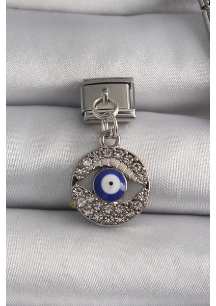 Bfs 316L Çelik Gümüş Renk Sallantı Zirkon Taşlı Göz Model Nazar Boncuk Detay Nomination Char