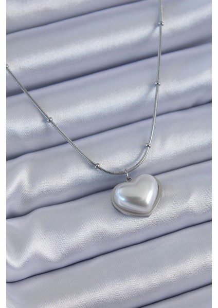 Bfs 316L Çelik Gümüş Renk Incili Kalp Model Minimal Top Detay Kadın Kolye