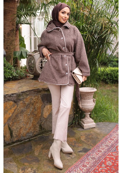 Vizon İnci Detaylı Taş Düğmeli Angora Kaban fiyatları