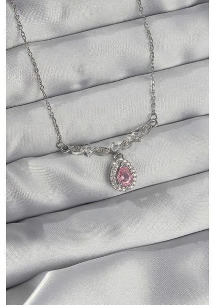 Bfs 316L Çelik Gümüş Renk Pembe Zirkon Taşlı Damla Kolye