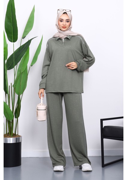 Haki Taşlı Yaka Fermuarlı Tunik Pantolonlu Takım fiyatları