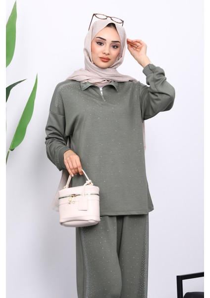 Haki Taşlı Yaka Fermuarlı Tunik Pantolonlu Takım modelleri
