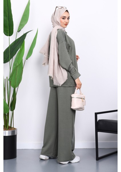 Haki Taşlı Yaka Fermuarlı Tunik Pantolonlu Takım fırsatları
