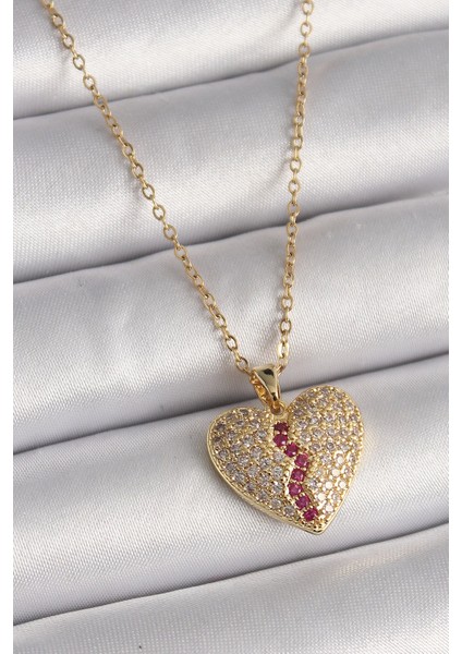 Bfs 316L Çelik Gold Renk Zincir Zirkon Taşlı Kalp Model Kadın Kolye