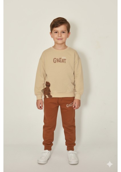 Erkek Çocuk %100 Pamuk Great Nakışlı Trex Süzeneli Paça Lastikli Takım - 2144