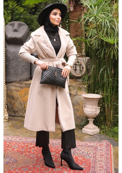 Bej Kolları Örgü Detaylı Angora Kaban fiyatları