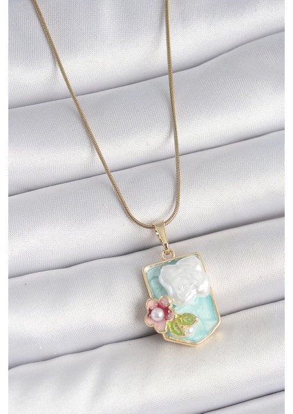 Bfs 316L Çelik Gold Renk Zincir Mavi Mineli Incili Çiçek Işlemeli Portre Model Kadın Kolye