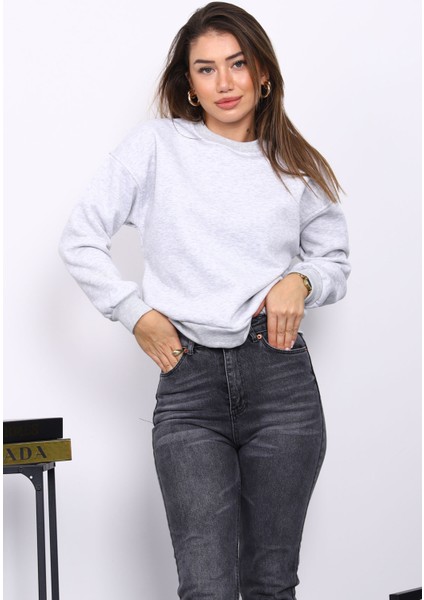 Açık Gri Bisiklet Yaka Üç İplik Sweat