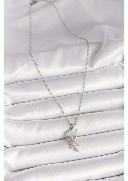 Bfs 316L Çelik Gümüş Renk Zincir Zirkon Taşlı Kedi Model Kadın Kolye fiyatları