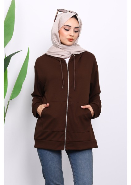 Kahverengi Kapşonlu Fermuarlı Modal Sweat Hırka
