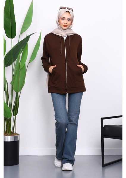 Kahverengi Kapşonlu Fermuarlı Modal Sweat Hırka fiyatları