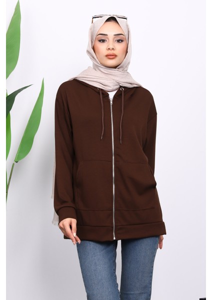 Kahverengi Kapşonlu Fermuarlı Modal Sweat Hırka modelleri