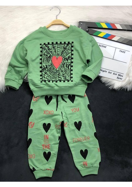 Kalp Detaylı 2 Iplik Şardonsuz Kız Çocuk Takım
