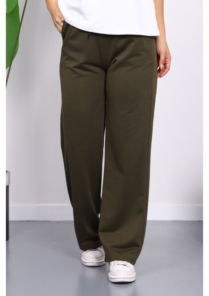 Koyu Haki Bel Lastikli İki İplik Palazzo Eşofman Alt