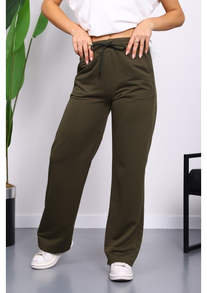Koyu Haki Bel Lastikli İki İplik Palazzo Eşofman Alt fiyatları