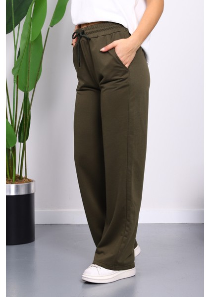 Koyu Haki Bel Lastikli İki İplik Palazzo Eşofman Alt modelleri