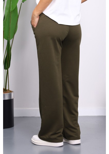 Koyu Haki Bel Lastikli İki İplik Palazzo Eşofman Alt fırsatları