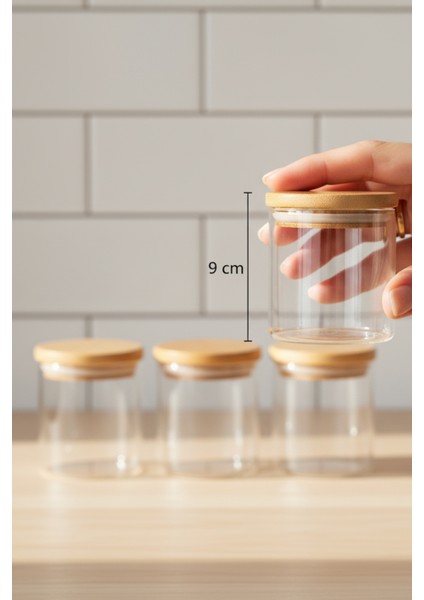 Mini Bambu Kapaklı Baharat Kavanozu - Cam Mutfak Düzenleyici 4 Adet 9x6 cm