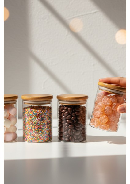 Mini Bambu Kapaklı Baharat Kavanozu - Cam Mutfak Düzenleyici 4 Adet 9x6 cm