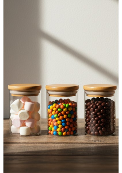 Mini Bambu Kapaklı Baharat Kavanozu - Cam Mutfak Düzenleyici 4 Adet 9x6 cm