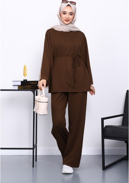 Kahverengi Belden Bağlamalı Pantolon Cepli Modal Takım