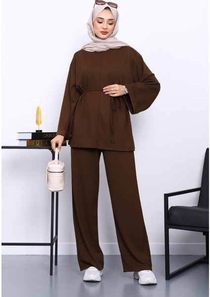Kahverengi Belden Bağlamalı Pantolon Cepli Modal Takım fiyatları