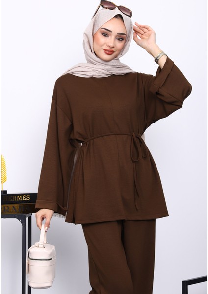 Kahverengi Belden Bağlamalı Pantolon Cepli Modal Takım modelleri