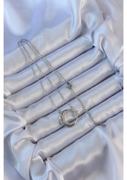 Bfs 316L Çelik Zincir Gümüş Renk Zirkon Taşlı Motifli Ay Yıldız Kolye fiyatları