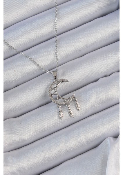 Bfs 316L Çelik Zincir Gümüş Renk Işlemeli Zirkon Taşlı Ay Kolye