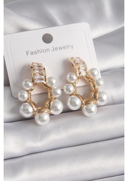 Bfs Pirinç Gold Renk Zirkon Taşlı Su Yolu Incili Halka Model Kadın Küpe