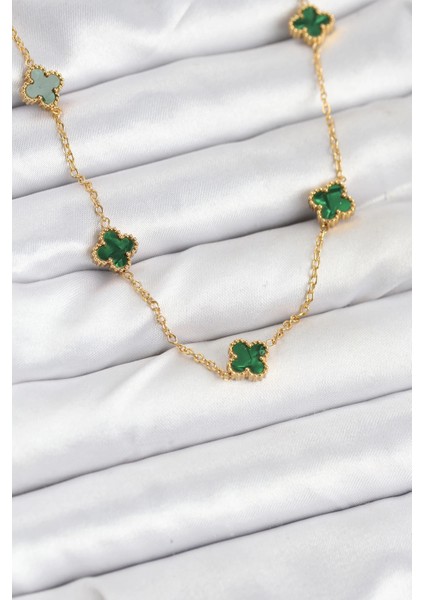 Bfs 316L Çelik Zincir Gold Renk Yeşil Baby Boy Yonca Kadın Kolye