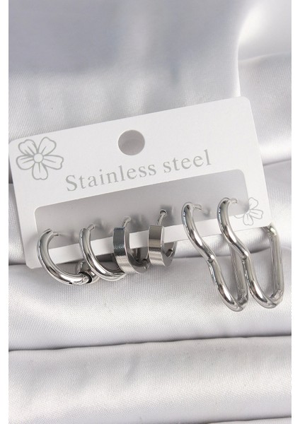 Bfs 316L Çelik Gümüş Renk Kalp Halka Model Kadın Küpe Seti