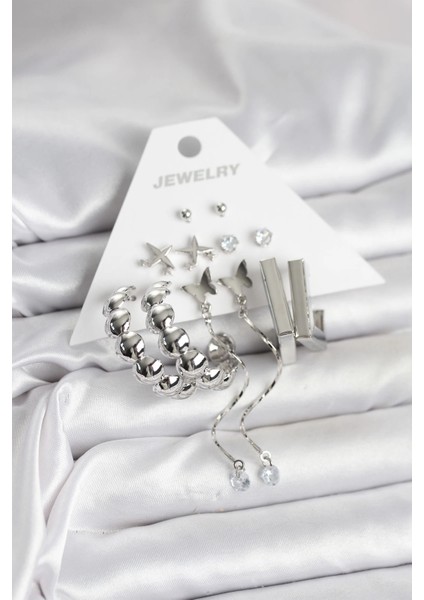 Bfs Gümüş Renk Pirinç 6'lı Kadın Küpe Seti