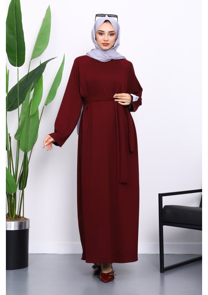 Bordo Kolu Armalı Reglan Kol Basic Modal Kuşaklı Elbise